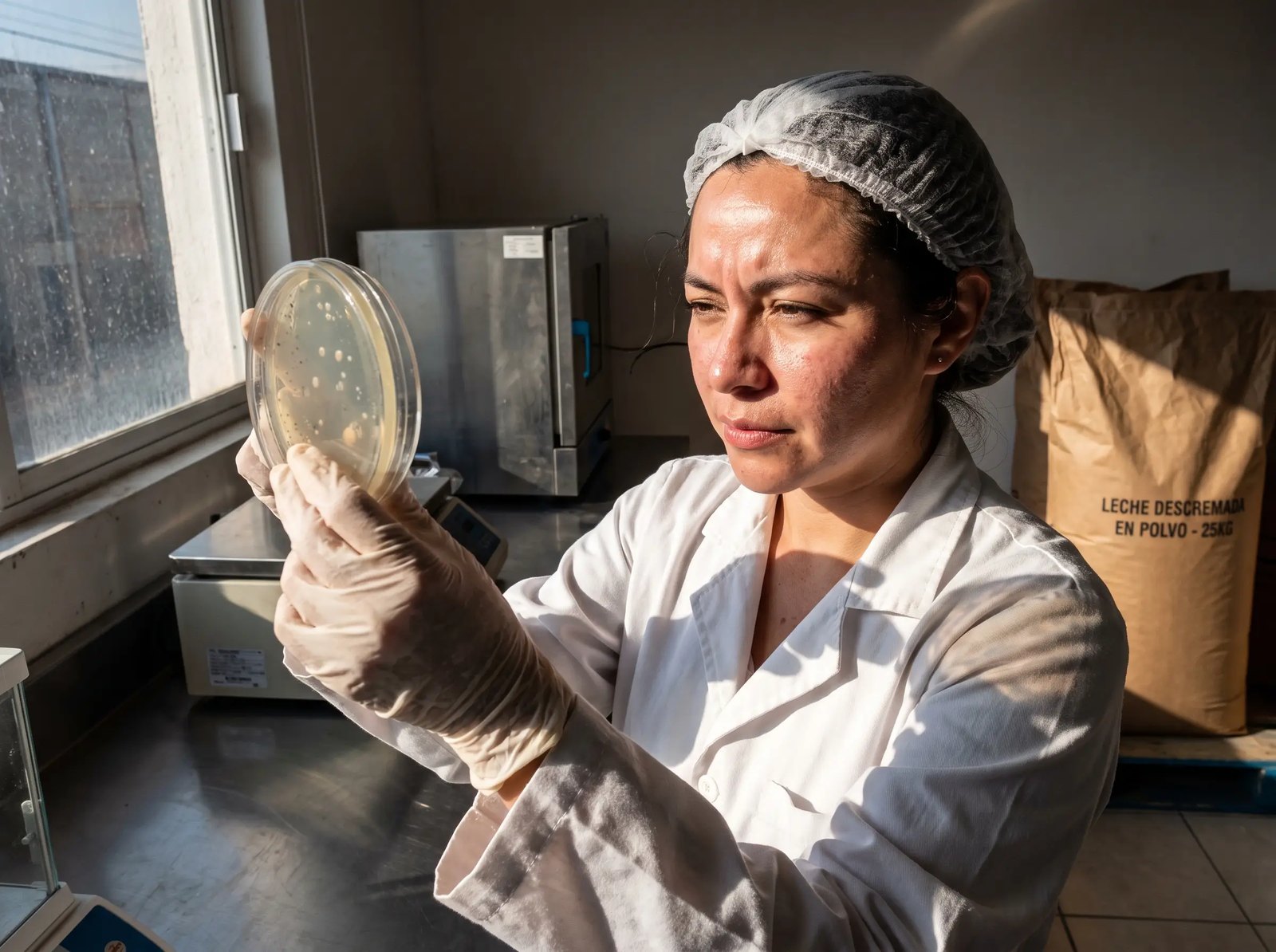Microbióloga examinando una caja Petri con colonias en un laboratorio de control de calidad lácteo